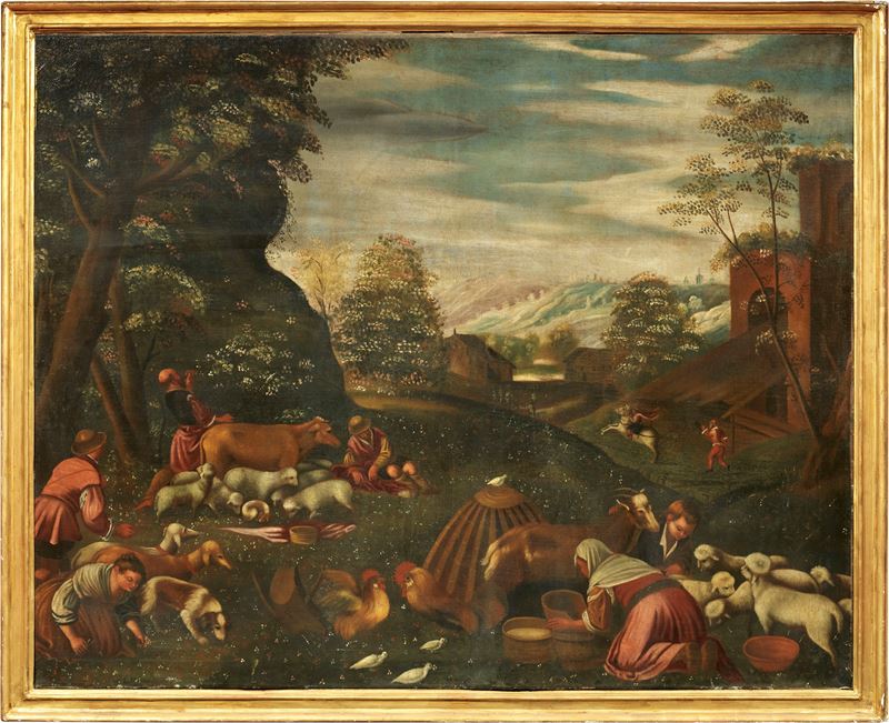 Scuola dei Bassano del XVII Secolo - Paesaggio con Scena di Mercato