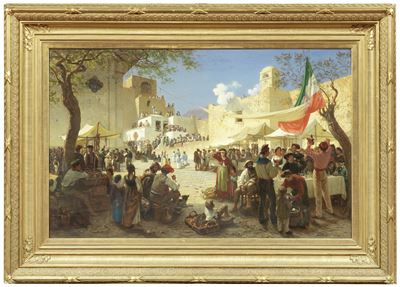 Scena di mercato risorgimentale con bandiera tricolore