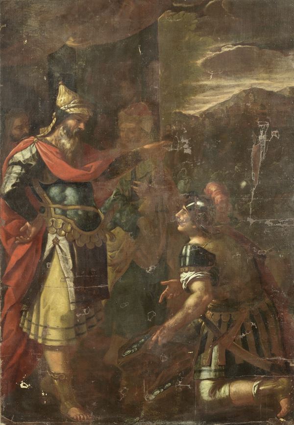 Scuola Italia centro-settentrionale del XVII secolo : Scena storica. Tributo  - Olio su tela - Asta Importanti Arredi, Sculture e Dipinti Antichi - Casa d'aste Farsettiarte
