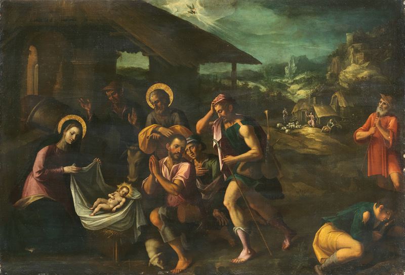 Scuola Lombarda Inizio XVII Secolo - Natività con Annuncio e Adorazione dei Pastori