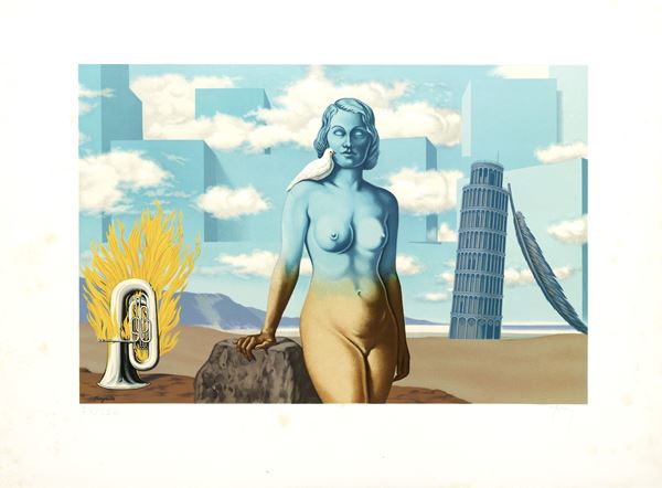 Ren&#233; Magritte : Un Bombardon Libère son Bouquet de Flammes  ((1968))  - Litografia a colori, es. 23/350 - Auction Paintings, Drawings, Sculpures and Multiples - Casa d'aste Farsettiarte
