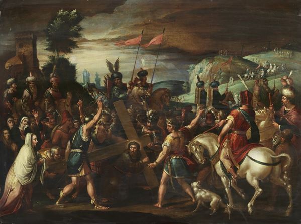 Scuola fiamminga del XVII secolo : Salita al Calvario  - Olio su tela - Asta Importanti Arredi, Sculture e Dipinti Antichi - Casa d'aste Farsettiarte