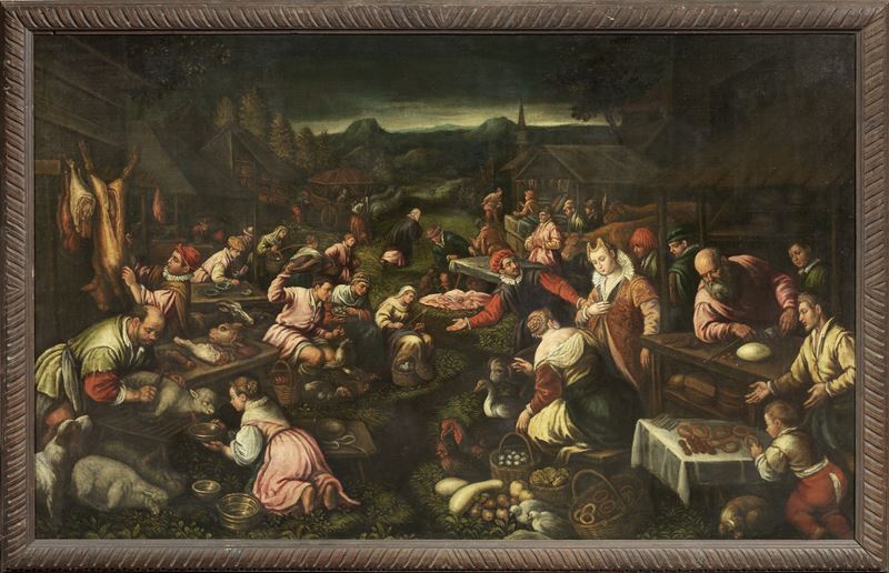 Scuola dei Bassano del XVII Secolo - Scena di Mercato (preparativi della Cena di Cana)