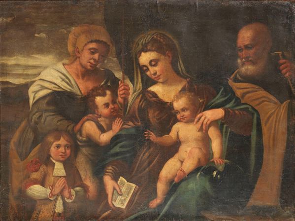 Scuola veneta del XVII secolo : Sacra Famiglia con San Giovannino, Sant'Anna e ritratto di donatore bambino  - Olio su tela - Asta Importanti Arredi, Sculture e Dipinti Antichi - Casa d'aste Farsettiarte