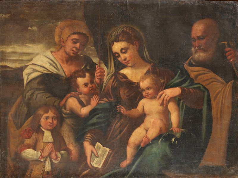 Scuola Veneta del XVII Secolo - Sacra Famiglia con San Giovannino, Sant'anna e Ritratto di Donato...