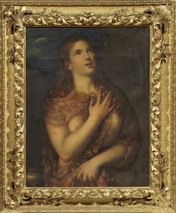 Scuola veneta del XVIII secolo : Maddalena penitente (copia da Tiziano)  - Olio su tela - Asta Importanti Arredi, Sculture e Dipinti Antichi - Casa d'aste Farsettiarte