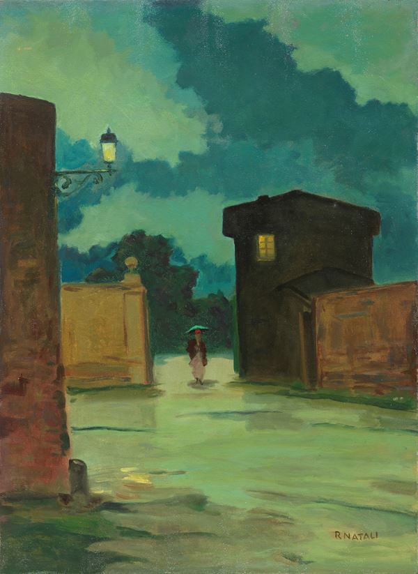 Renato Natali : Paesaggio serale con figura  - Olio su tela - Auction XIX and XX Century Paintings and Sculptures - Casa d'aste Farsettiarte