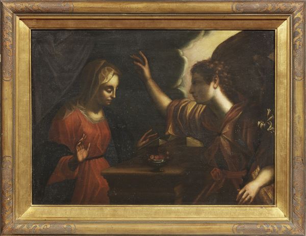 Scuola Italia meridionale fine XVII secolo : Annunciazione  - Olio su tavola - Asta Importanti Arredi, Sculture e Dipinti Antichi - Casa d'aste Farsettiarte