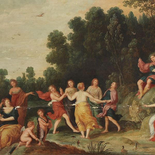 Scuola fiamminga del XVII secolo : Apollo e le Muse  - Olio su tavola - Asta Importanti Arredi, Sculture e Dipinti Antichi - Casa d'aste Farsettiarte