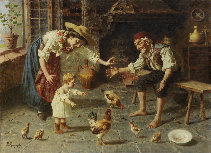 Eugenio Zampighi - Inseguendo le galline, olio su tela