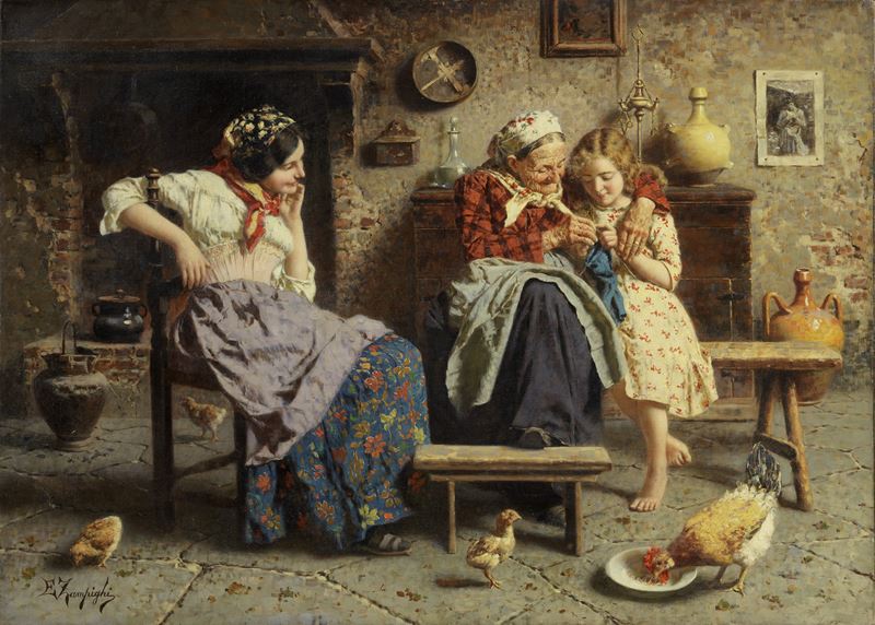 Eugenio Zampighi - Il lavoro a maglia, olio su tela