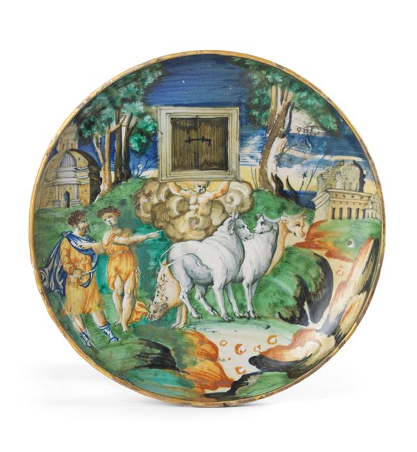 Piatto istoriato in maiolica policroma   - Auction Important Furnishings, Majolica, Sculptures and Ancient Paintings - Casa d'aste Farsettiarte