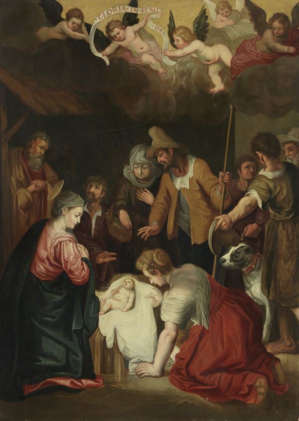 Scuola fiamminga fine XVII secolo : Adorazione dei pastori  - Olio su tavola - Asta Importanti Arredi, Sculture e Dipinti Antichi - Casa d'aste Farsettiarte