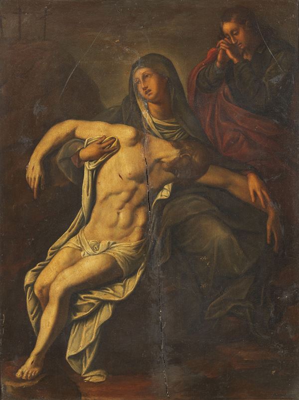 Scuola fiamminga del XVII secolo : Deposizione con la Madonna e San Giovanni  - Olio su tavola - Asta Importanti Arredi, Sculture e Dipinti Antichi - Casa d'aste Farsettiarte