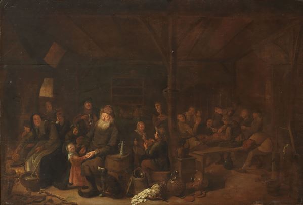 Scuola fiamminga del XVII secolo : Interno di locanda con scene di vita  - Olio su tavola - Asta Importanti Arredi, Sculture e Dipinti Antichi - Casa d'aste Farsettiarte