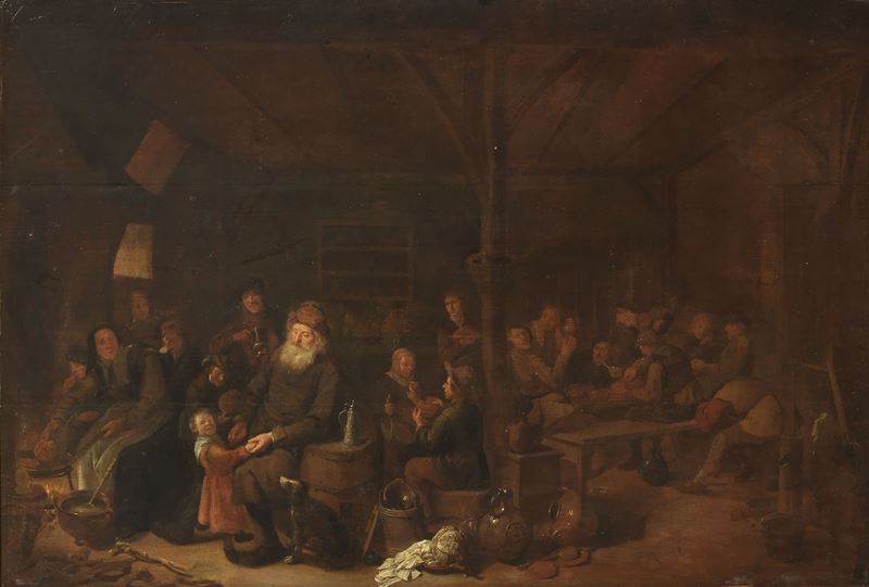 Scuola Fiamminga del XVII Secolo - Interno di Locanda con Scene di Vita