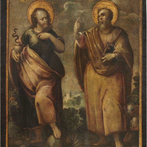 Scuola tedesca del XVI secolo : San Giovanni di Patmos e San Paolo  - Olio su tela - Asta Importanti Arredi, Sculture e Dipinti Antichi - Casa d'aste Farsettiarte
