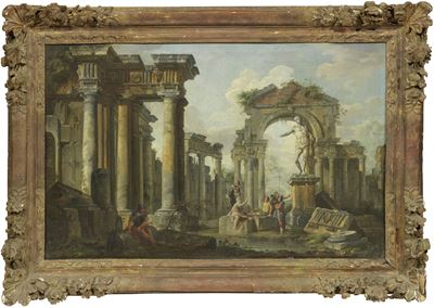 Rovine Architettoniche con Soldati Sotto una Statua Romana