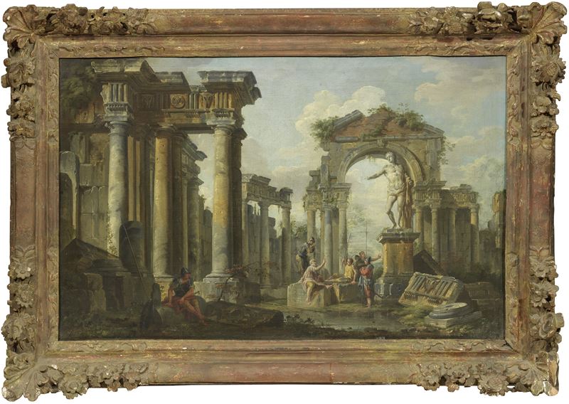 Giovanni Paolo Panini - Rovine Architettoniche con Soldati Sotto una Statua Romana
