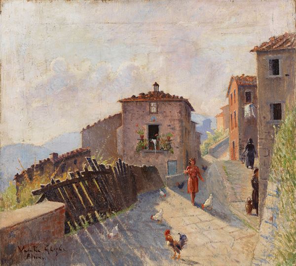 Valentino Ghiglia : Paese nel Casentino  - Olio su tela - Auction XIX and XX Century Paintings and Sculptures - Casa d'aste Farsettiarte