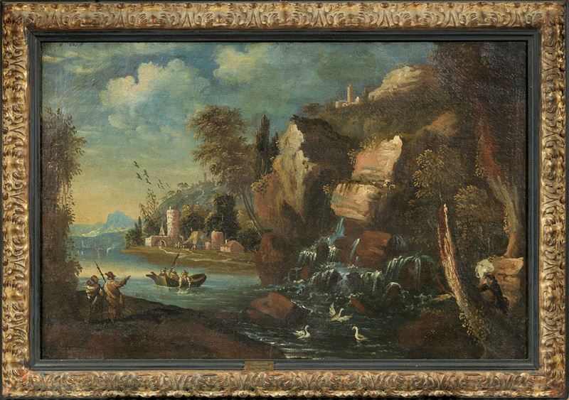 Domenico Pecchio - Paesaggio con veduta marina, cascata, castello e pescatori, olio su tela