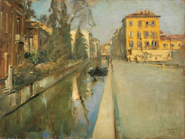 Gianni Maimeri : Barca sul Naviglio di via Senato  (1929)  - Olio su compensato - Asta Dipinti e Sculture del XIX e XX secolo - Casa d'aste Farsettiarte