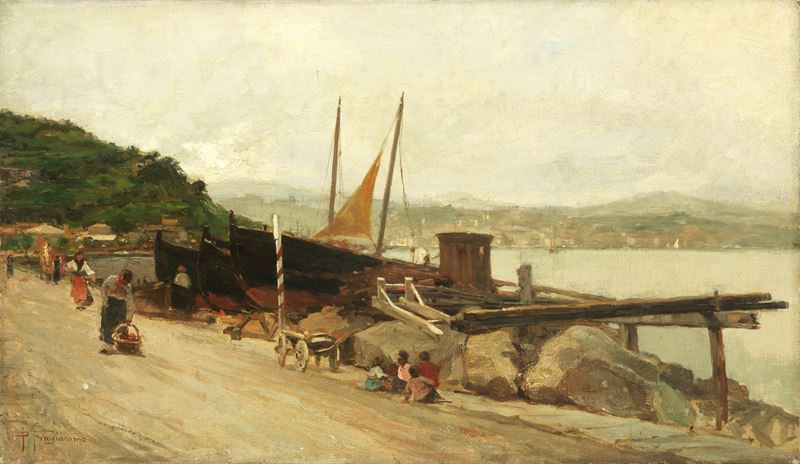 Pietro Fragiacomo - Le barche da pesca, olio su tela