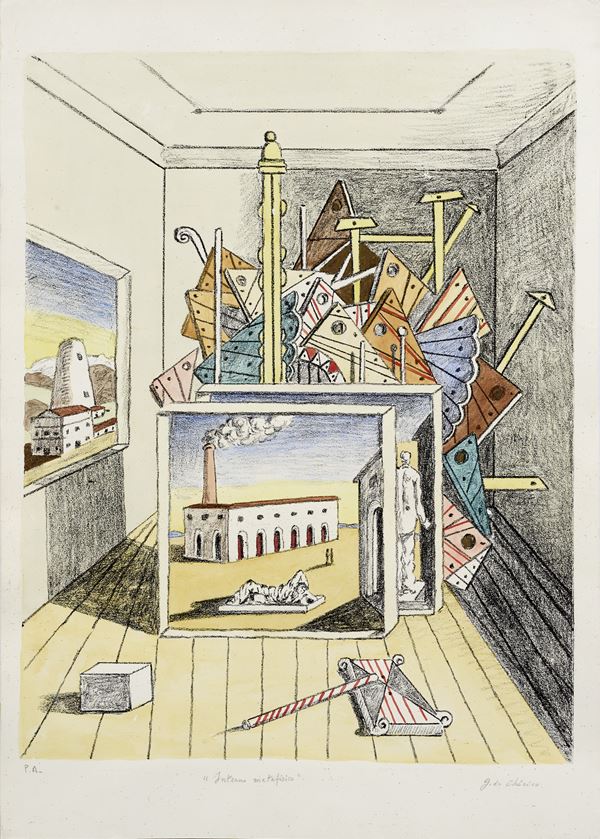 Giorgio de Chirico : Interno metafisico  (1970)  - Litografia a 10 colori, es. P.A. - Asta Dipinti, Disegni, Sculture e Grafica - Casa d'aste Farsettiarte