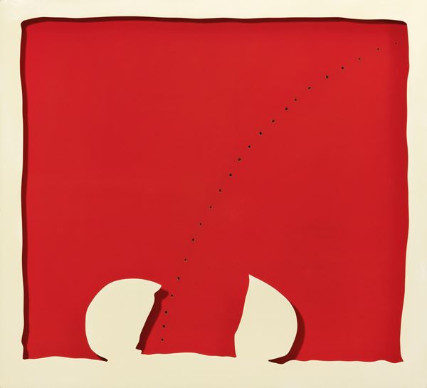 Lucio Fontana : Concetto spaziale (Teatrino)  (1965)  - Idropittura su tela, rosso, e legno laccato, bianco - Asta ARTE MODERNA - II - Casa d'aste Farsettiarte