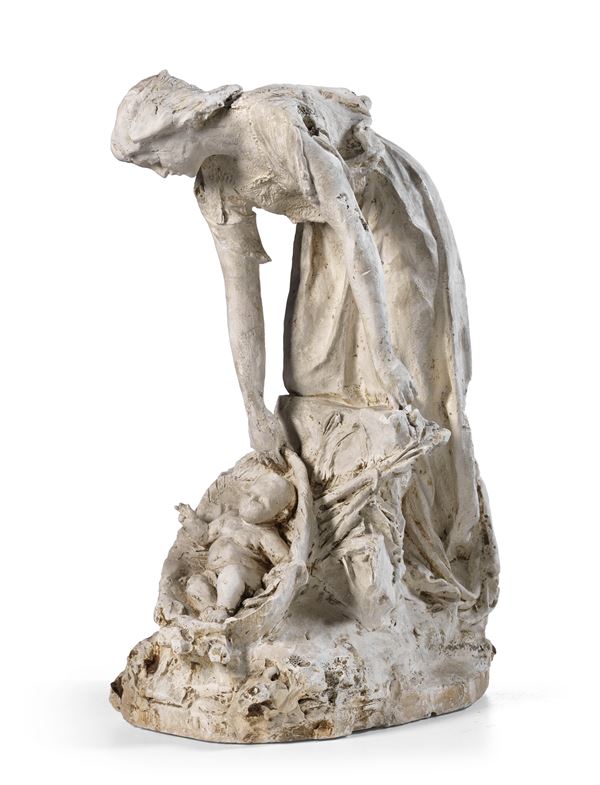 Ignoto scultore seconda met&#224; XIX secolo - Donna con bambino in una cesta (Mosè salvato dalle acque)