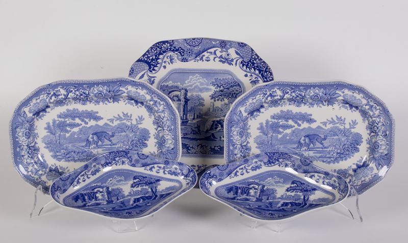 Spode Cinque Vassoi in Porcellana Bianca e Blu