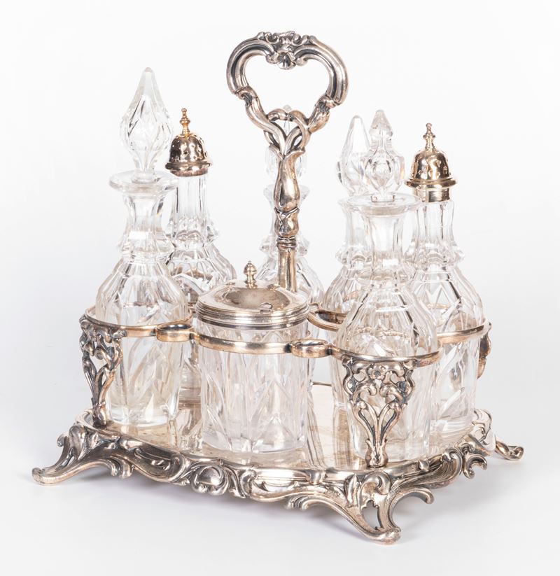 Old Sheffield plated, Oliera con vassoio rettangolare per 7 flaconi in vetro molato
