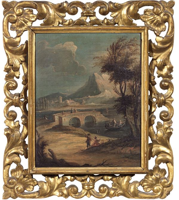 Ignoto del XVIII secolo : Paesaggio con ponte rotto  - Olio su tela - Asta Importanti Arredi, Maioliche, Sculture e Dipinti Antichi - Casa d'aste Farsettiarte