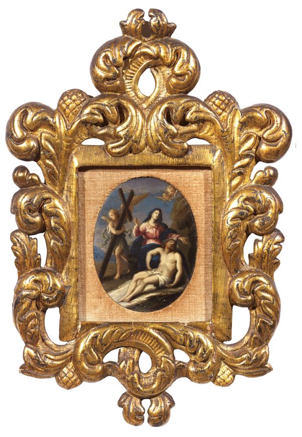 Scuola emiliana del XVII secolo : Cristo deposto  - Olio su rame - Asta Importanti Arredi, Maioliche, Sculture e Dipinti Antichi - Casa d'aste Farsettiarte
