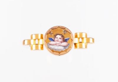 Spilla Portaricordi Rettangolare in Oro Giallo con Rose di Diamante