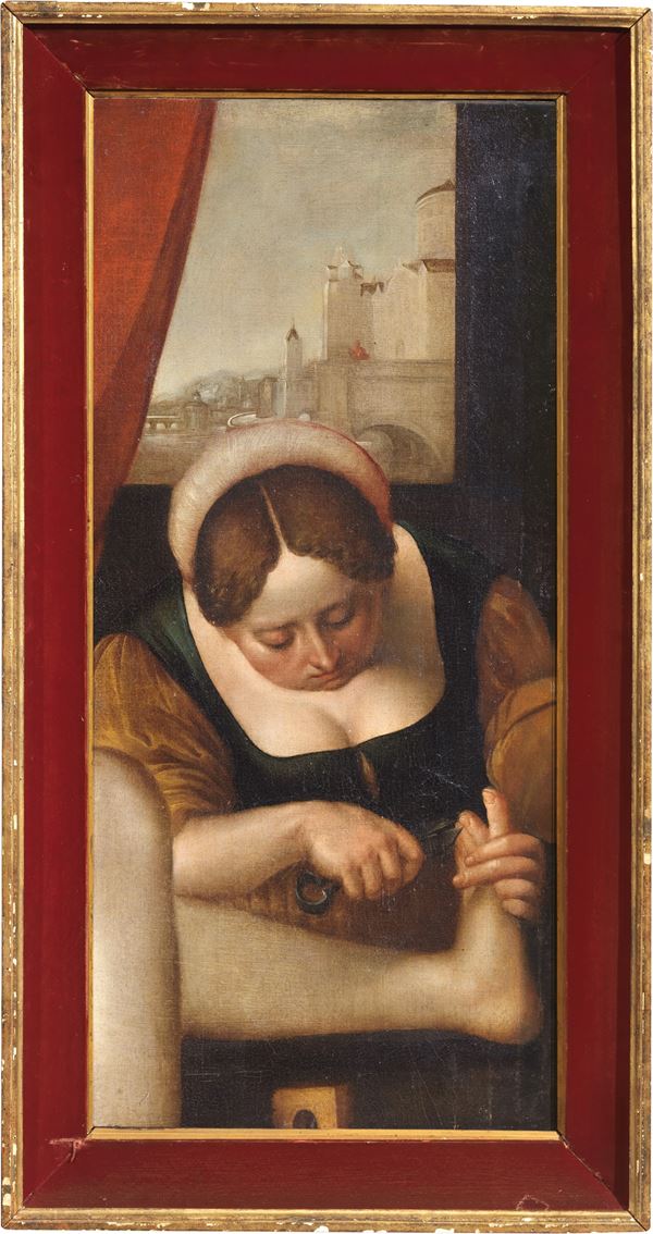 Scuola lombarda del XVII secolo - Donna che taglia le unghie ad un'altra dopo il bagno