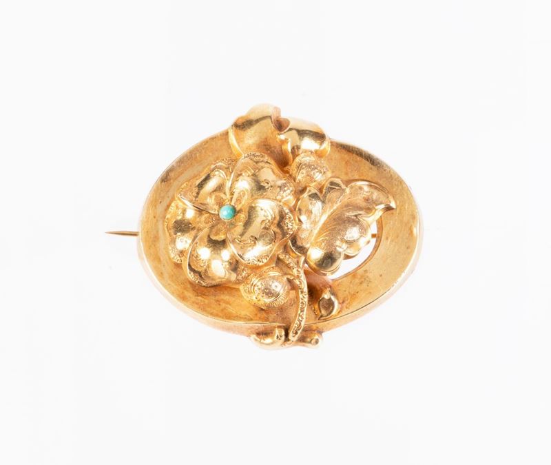 Spilla Ovale in Oro Giallo e Piccolo Turchese