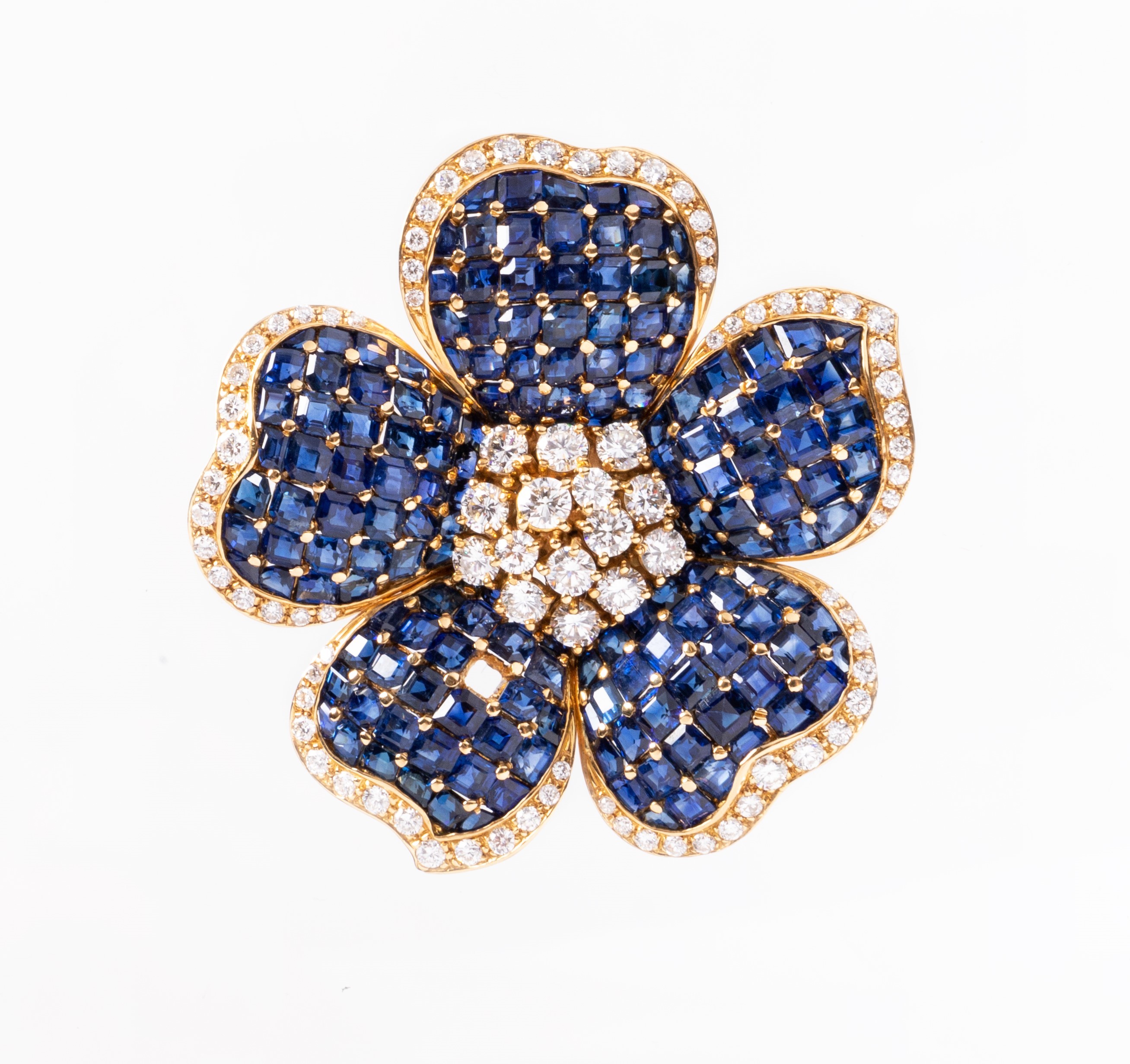 Pederzani spilla a fiore in oro giallo con zaffiri e diamanti