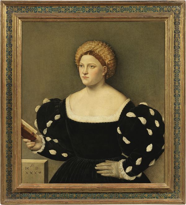 Arrigo Licinio : Ritratto di dama con libro  (1530)  - Olio su tela - Asta Importanti Arredi, Maioliche, Sculture e Dipinti Antichi - Casa d'aste Farsettiarte