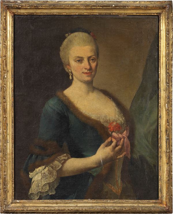 Scuola veneta del XVIII secolo - Ritratto di dama con fiore in mano