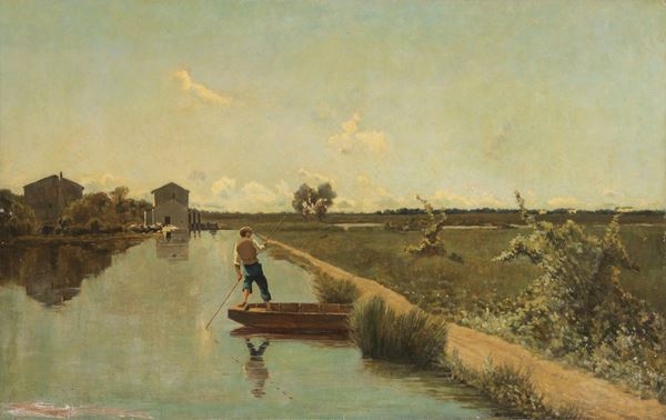 Ignoto fine XIX - inizio XX secolo - Veduta lacustre con barcaiolo