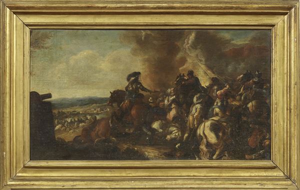 Scuola emiliana del XVII secolo : Battaglia di cavalleria  - Olio su tela - Asta Importanti Arredi, Sculture e Dipinti Antichi - Casa d'aste Farsettiarte