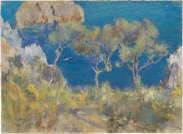 Giuseppe Casciaro : Ulivi sul mare a Capri  (1927)  - Pastelli su carta - Auction XIX and XX Century Paintings and Sculptures - Casa d'aste Farsettiarte