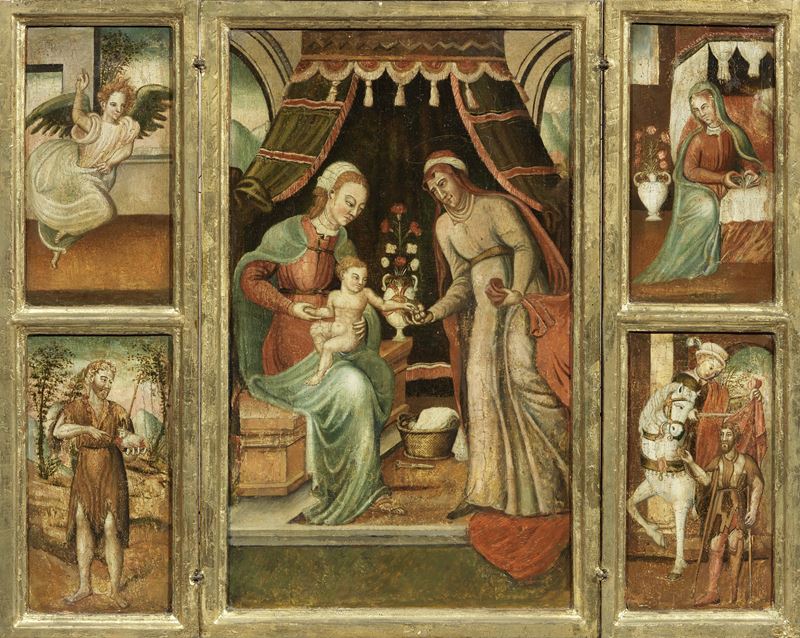 Scuola Marchigiana del XVI Secolo - Trittico con Scene del Vangelo e Due Santi