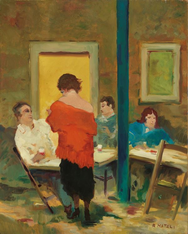 Renato Natali : Al caffè  - Olio su compensato - Auction XIX and XX Century Paintings and Sculptures - Casa d'aste Farsettiarte