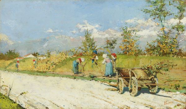 Luigi Cima : Le mietitrici  (1900)  - Olio su tavoletta - Auction XIX and XX Century Paintings and Sculptures - Casa d'aste Farsettiarte