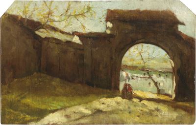 Cascinale con figure, olio su tavola