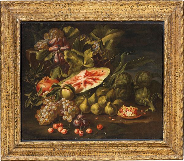 Scuola romana del XVII secolo - Natura morta con cocomero, fiori e carciofi