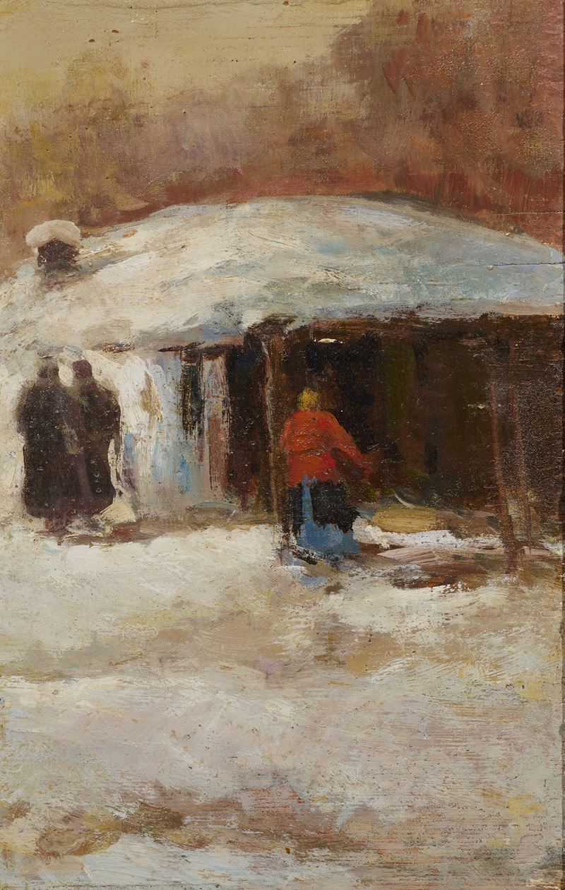 Ignoto del XX Secolo - Paesaggio invernale con figure, olio su tavola