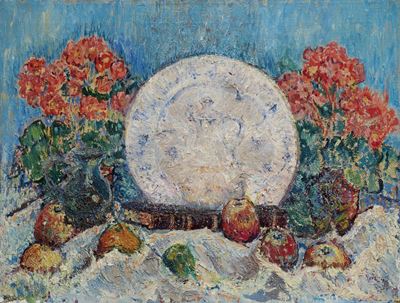 Natura Morta con Piatto, Fiori e Frutta